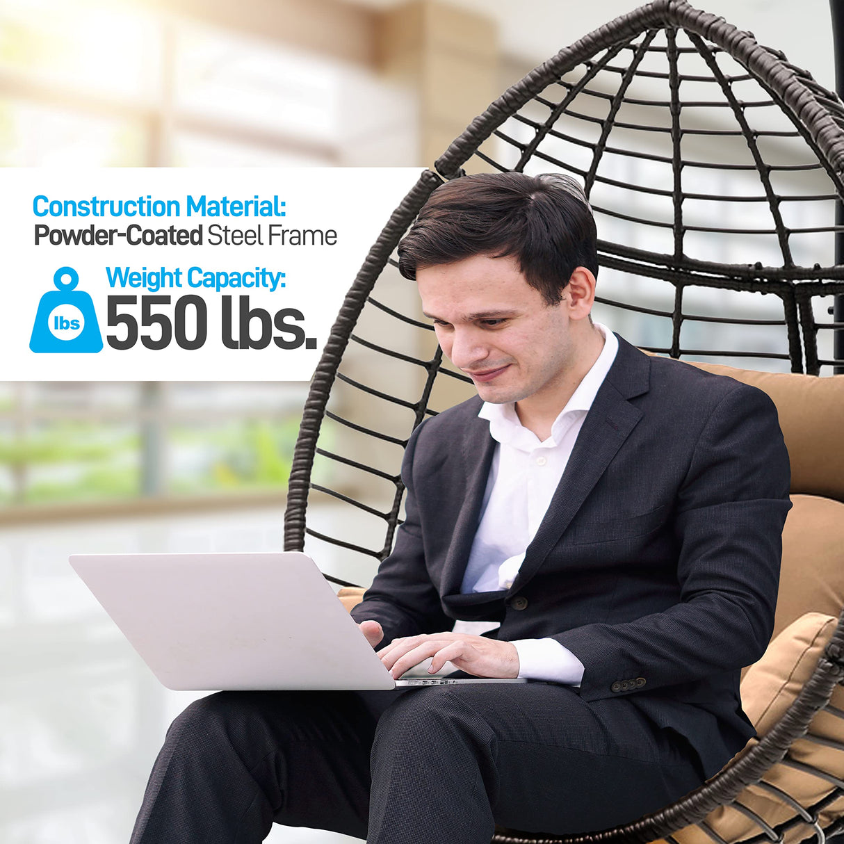 Hanging Egg Chair with Stand - Indoor Outdoor Patio Wicker Rattan Lounge Chair with Stand, Steel Frame, Washable Cushions for Garden Backyard Deck Sunroom - SereneLife SLGZ0EGBR.3 (Brown) SereneLife