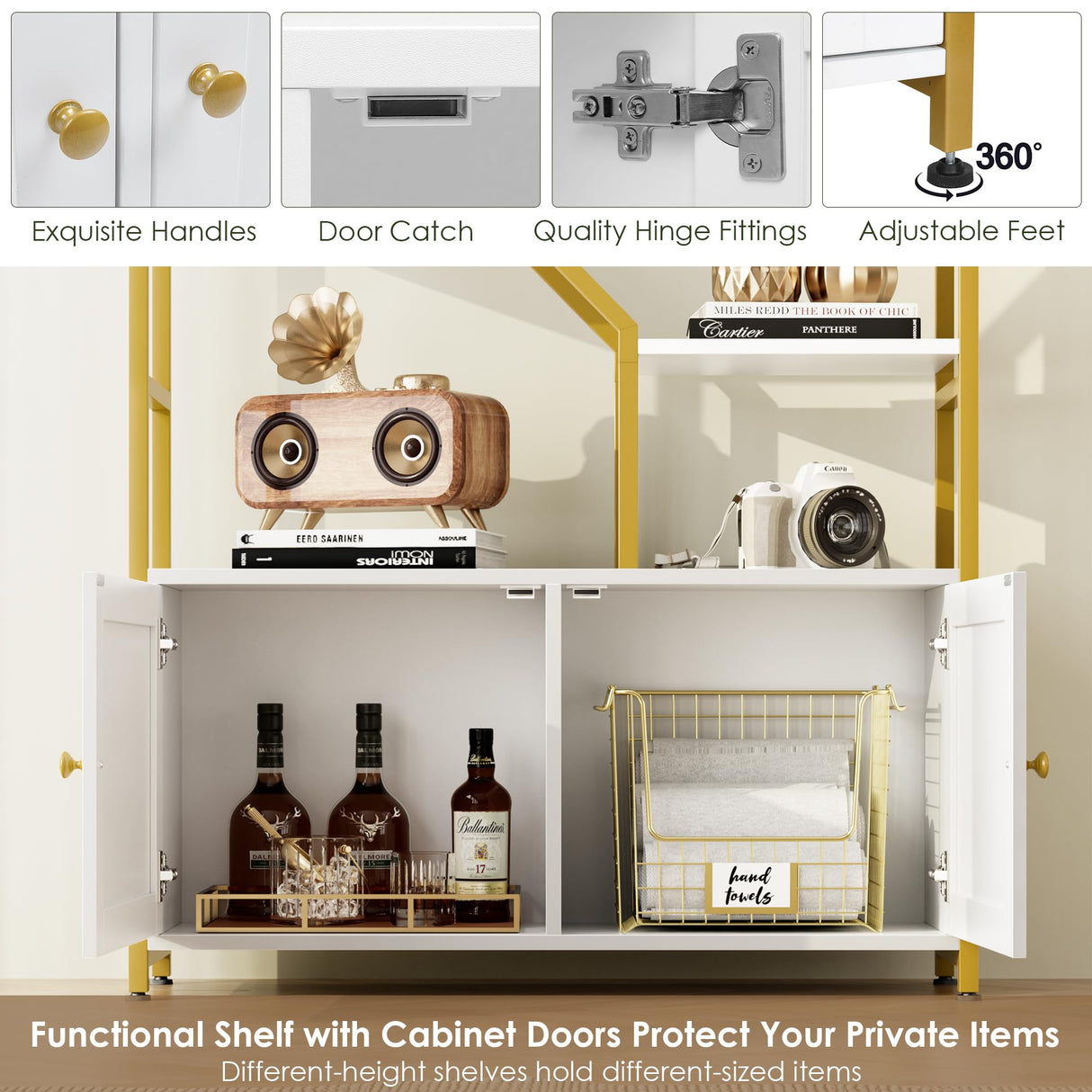 Keyluv 76" Tall Gold Bookshelf with Cabinet Storage, Multifunctional Open Display Bookcase with Door, Large Book Shelf Organizer for Living Room, Home, Office, Heavy Duty Metal & Wood, Modern White Keyluv