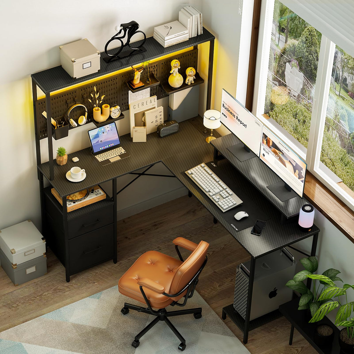 Yoobure L Shaped Desk with Pegboard, Reversible Computer Desk with Drawers & Storage Shelves, Gaming Desk with LED Lights & Power Outlets, Office Desk with Monitor Stand Corner Desk Home Office Desks Yoobure