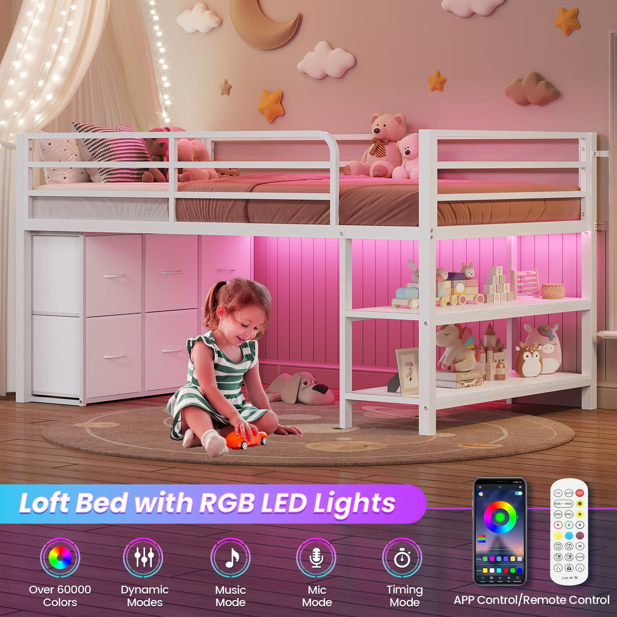 BTHFST Twin Size Low Loft Bed with 6 Fabric Storage Drawers, Metal Loft Bed Twin with LED Lights & Open Storage Shelves, 15" H Safety & Guardrail Stairs Loft Bed for Kids, White BTHFST