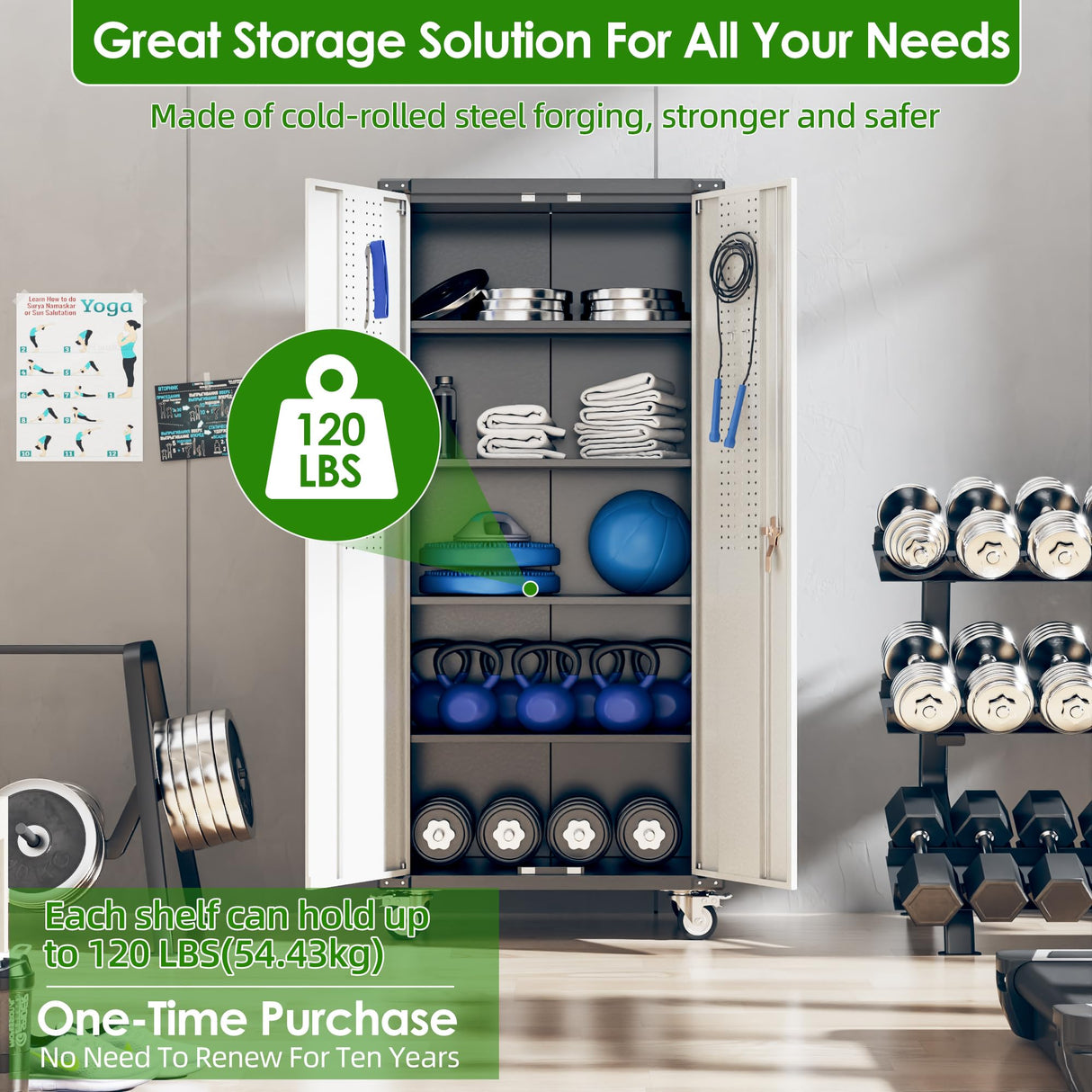 JAORD Garage Storage Cabinets with Wheels and Pegboard,Rolling Metal Storage Cabinets with 2 Locking Doors and 4 Adjustable Shelves for Garage, Home, Assembly Required JAORD