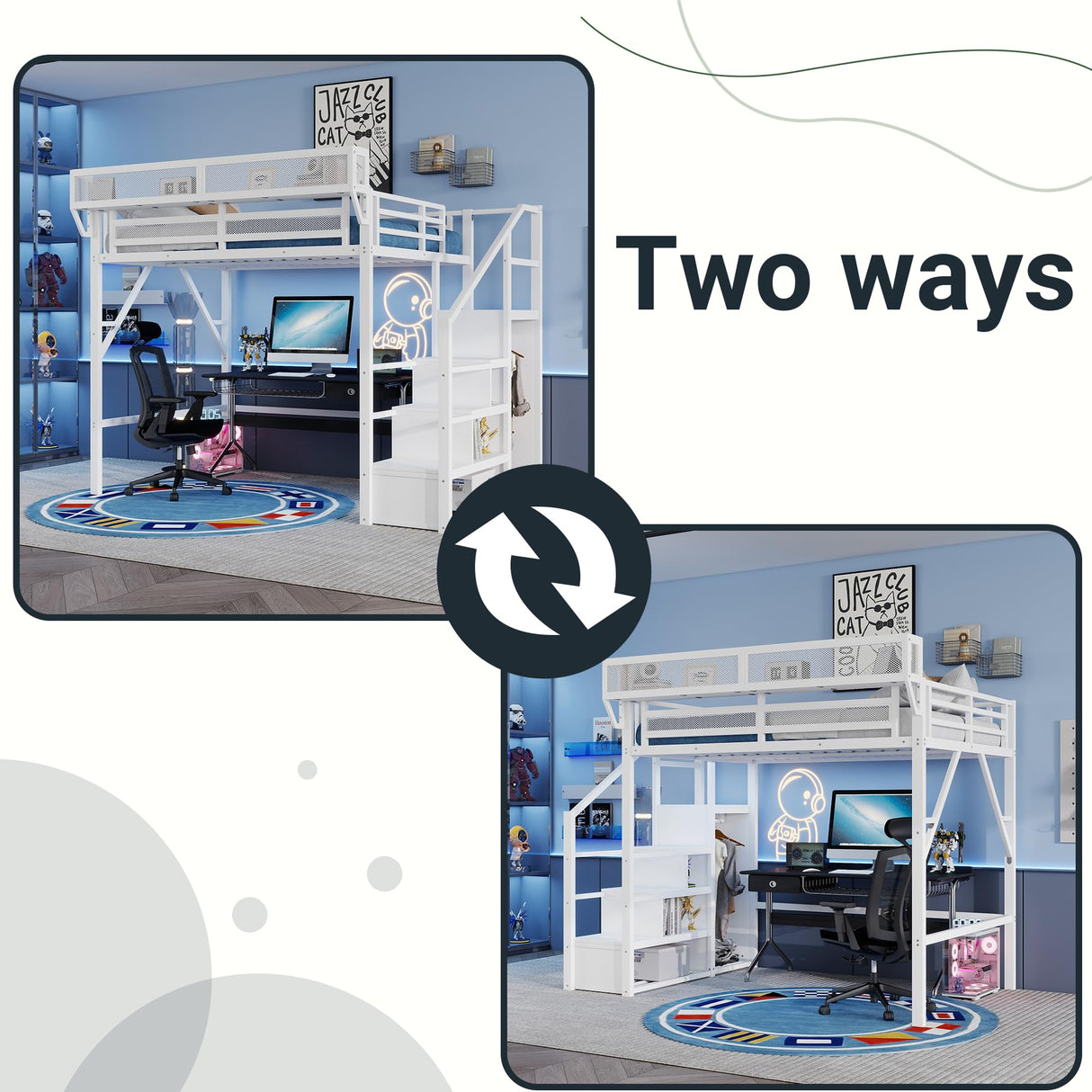 Mirightone Full Size Loft Bed with Stairs, Metal Loft Beds, High Loft Bed Frame with Storage Shelves, Lofted Full Bed with Wardrobe for Kids and Teens, No Box Spring Needed (White) Mirightone