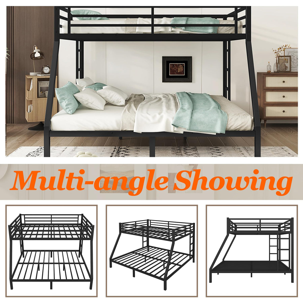 Thctvous Queen Over King Bunk Bed,Heavy-Duty Metal Bunk Bed Frame for Adults Teen Kids,2 Side Ladder,Guardrail,Space-Saving,Noise Reduced,No Box Spring Needed,Black (Queen Over King) Thctvous