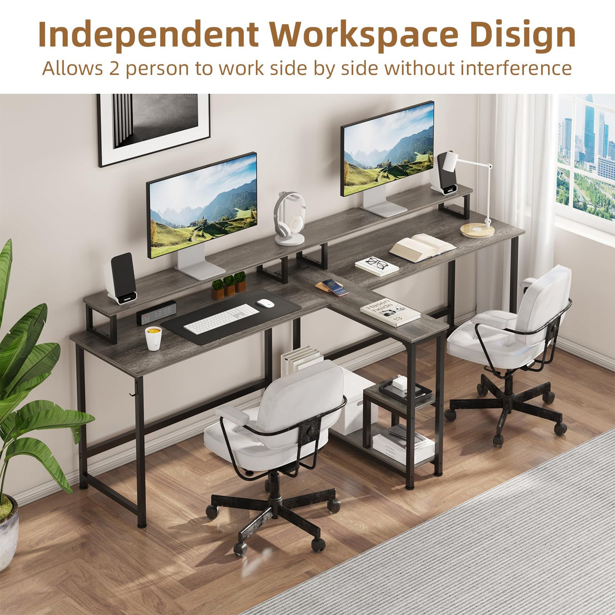 Mexin Two Person Desk-83.7 Inch Double Computer Desk with Monitor Stand and Power Outlets, Office Desk with Storage Shelves, Long Workstation Desk for Home Office, Gray Oak Mexin