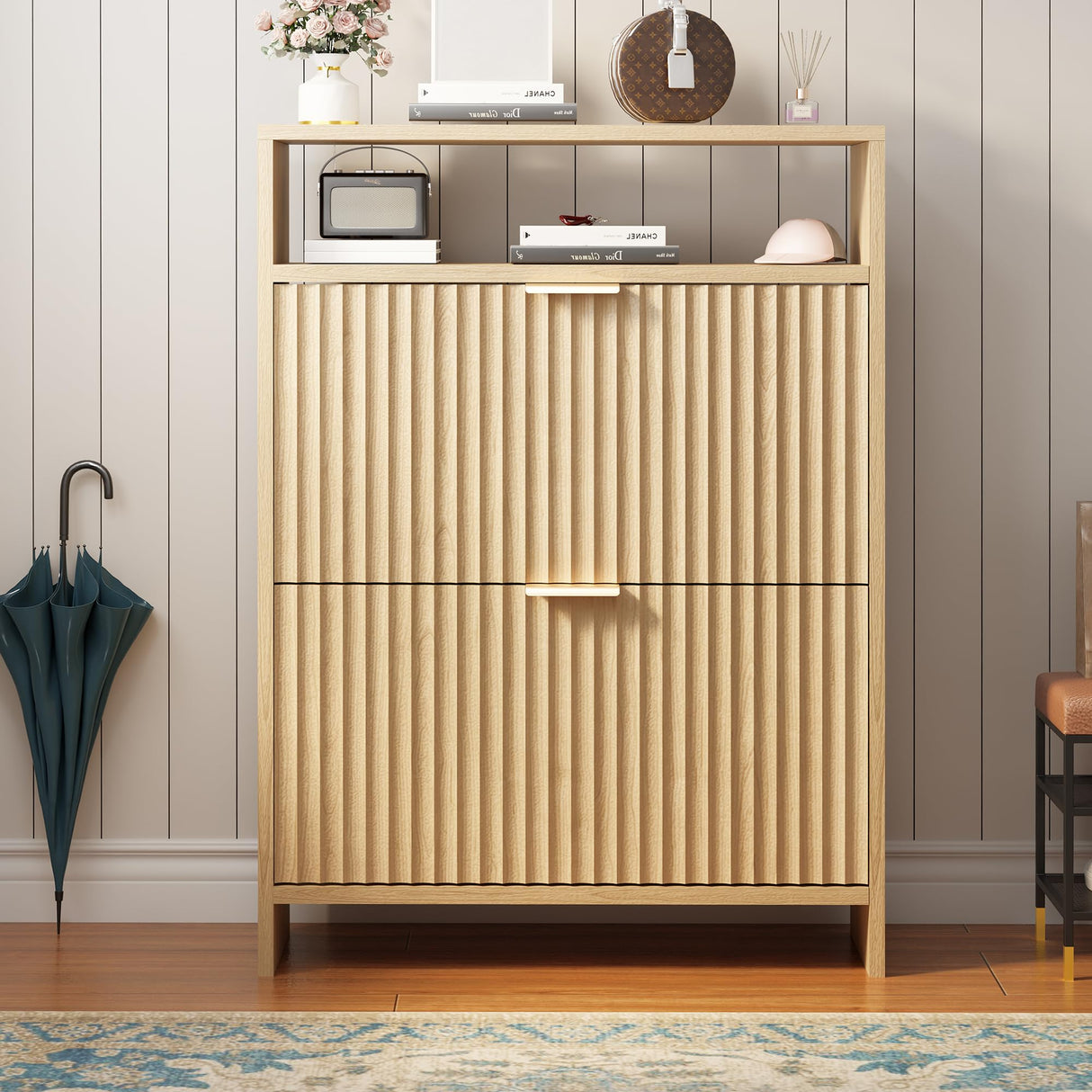 BEWISHOME Shoe Storage Cabinet for Entryway,Narrow Modern Shoe Organizer Cabinet with 2 Flip Drawers,Freestanding Fluted Shoe Organizer for Hallway,Wood,KXG04Y BEWISHOME