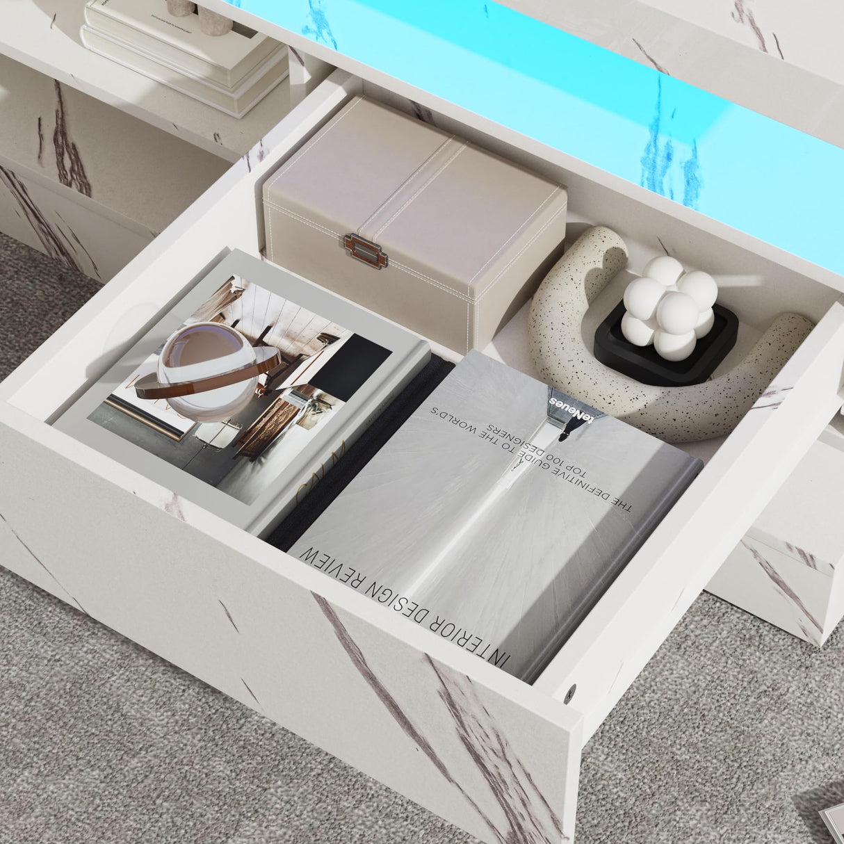 47.2 inch Modern High Glossy LED Coffee Table with 2 Sliding Drawers, Double-Layer Center Tables with LED Lights for Livings Room Furniture, White chartustriable