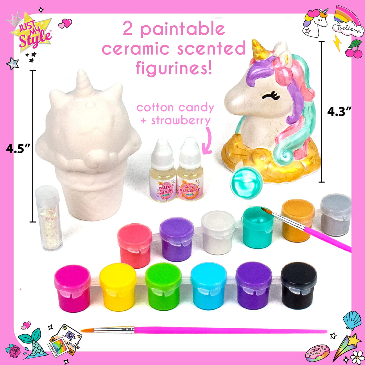 Just My Style Paint Your Own Scented Unicorn Figurines – Paint Your Own Waterless Ceramic Diffuser – Paintable Scented Unicorn Figurines – Customize with Pearlized Paints, Glitter & Sweet Scents Just My Style