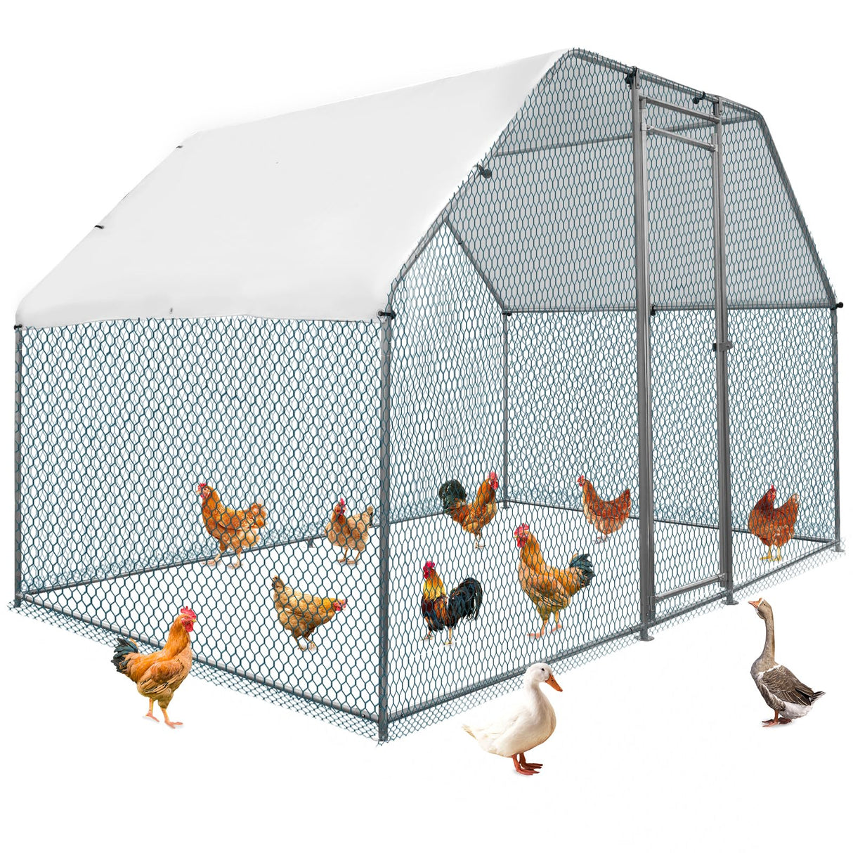 VINGLI Large Chicken Coop, Metal Poultry Cage for Chicken Run, Walk-in Flat-roof Chicken Pen with Waterproof & Anti-UV Cover Outdoor (6.5×9.8×6.5 ft) VINGLI