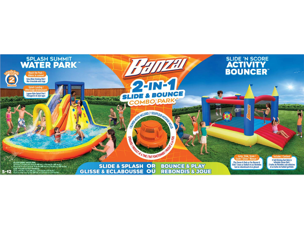 BANZAI Inflatable 13' Water Slide Park Plus 12' Bounce House 2 for 1 Value Pack w Free Air Blower- Inflates in Under 2min- Heavy Duty Kids Adventure Park Pool with Sprinkler 12’x9 XL Bouncy Castle BANZAI