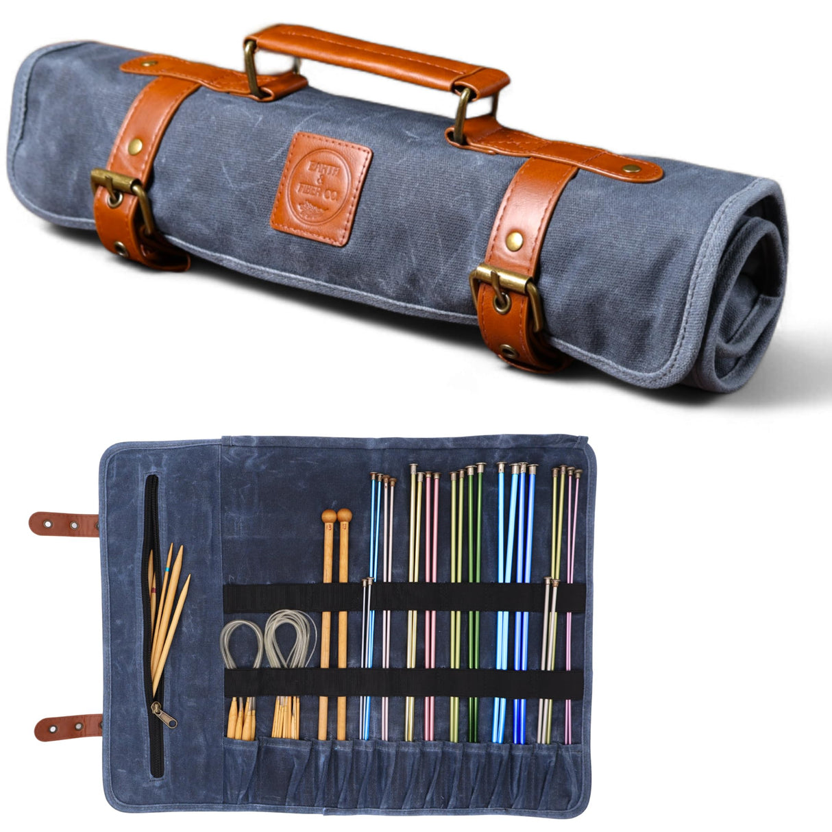 Earth & Fiber Co. Waxed canvas knitting needle case (up to 16 inches) - knitting bag - knitting needle organizer- knitting needle storage - circular knitting needle case (blue) Earth & Fiber Co.
