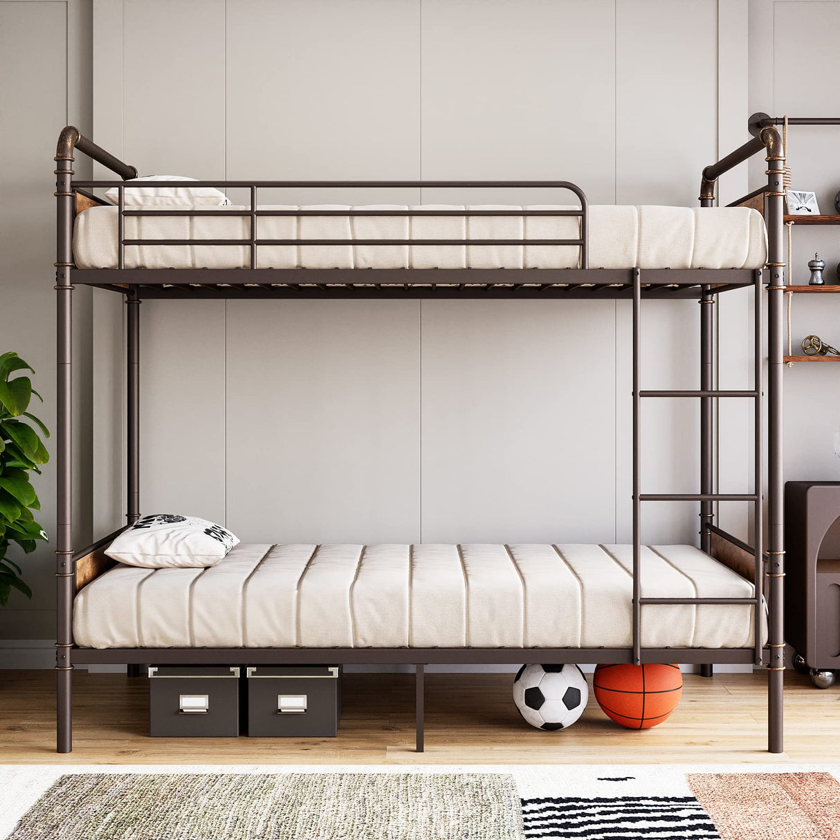 IDEALHOUSE Metal Bunk Bed Twin Over Twin, Twin Bunk Beds, Heavy Duty Twin Size Metal Bunk Bed with High Guardrail & Ladders, Convertible Bunk Beds for Kids Adults, No Box Spring Needed IDEALHOUSE