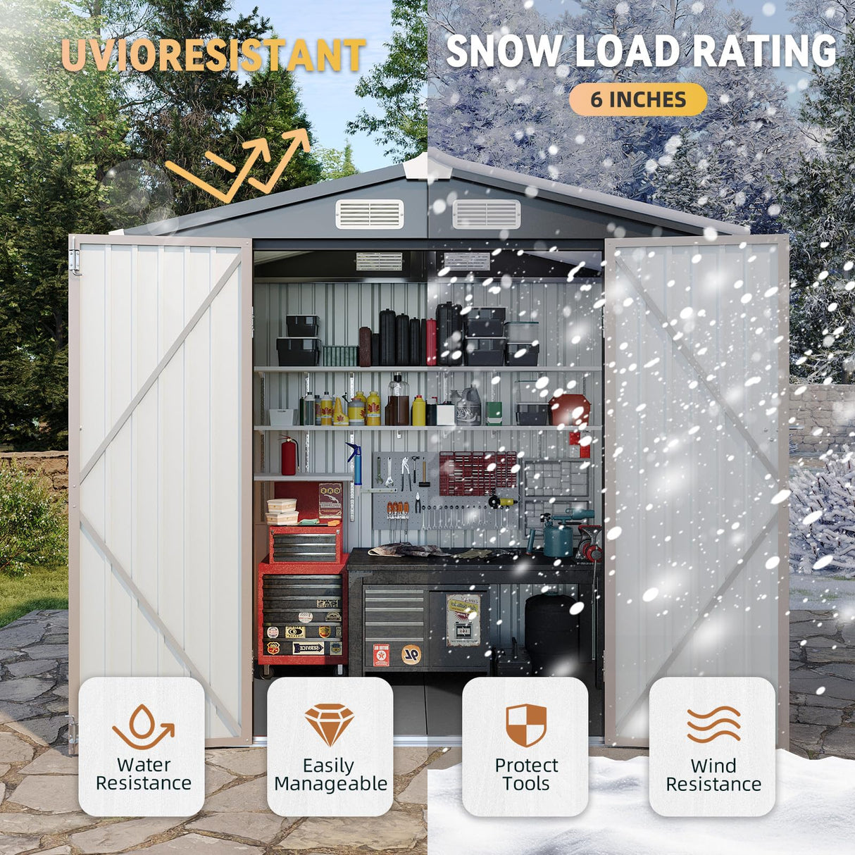 Aoxun 7.4x5.3FT Shed with Floor Galvanized Steel Outdoor Storage Shed Metal Garden Shed with Double Doors, 15mm Moisture-Proof Floor & Ventilation, Sloped Roof for Bike/Generator/Tool Storage (Brown) Aoxun