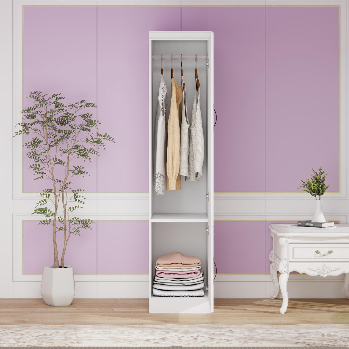 ClassyCabin Single Door Armoire Wardrobe Closet: Wardrobe Closet with Mirror Simple Storage Wardrobe Cabinet with Hanging Rod Modern Closet Organizers and Storage for Bedroom Office White ClassyCabin