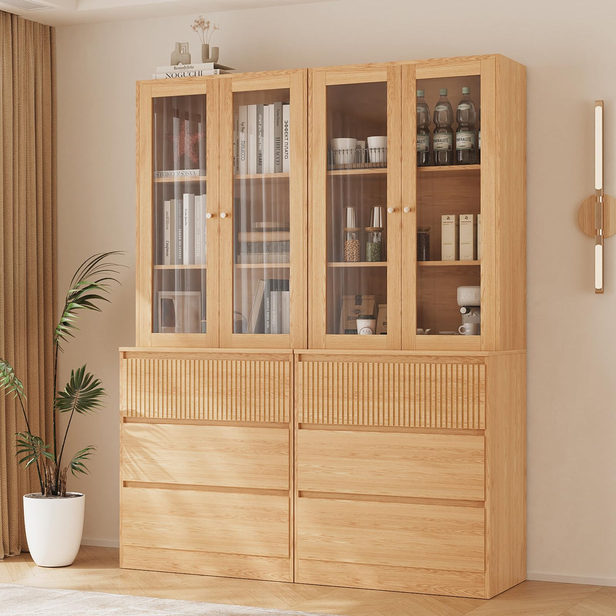 TUSY 4-Piece Large TV Stand with Bookshelves for TVs up to 75", TV Hutch with Tempered Glass Doors and Shelves, TV Entertainment Center Media Center with 2 Tall Cabinets for Living Room (D+2G+D) TUSY