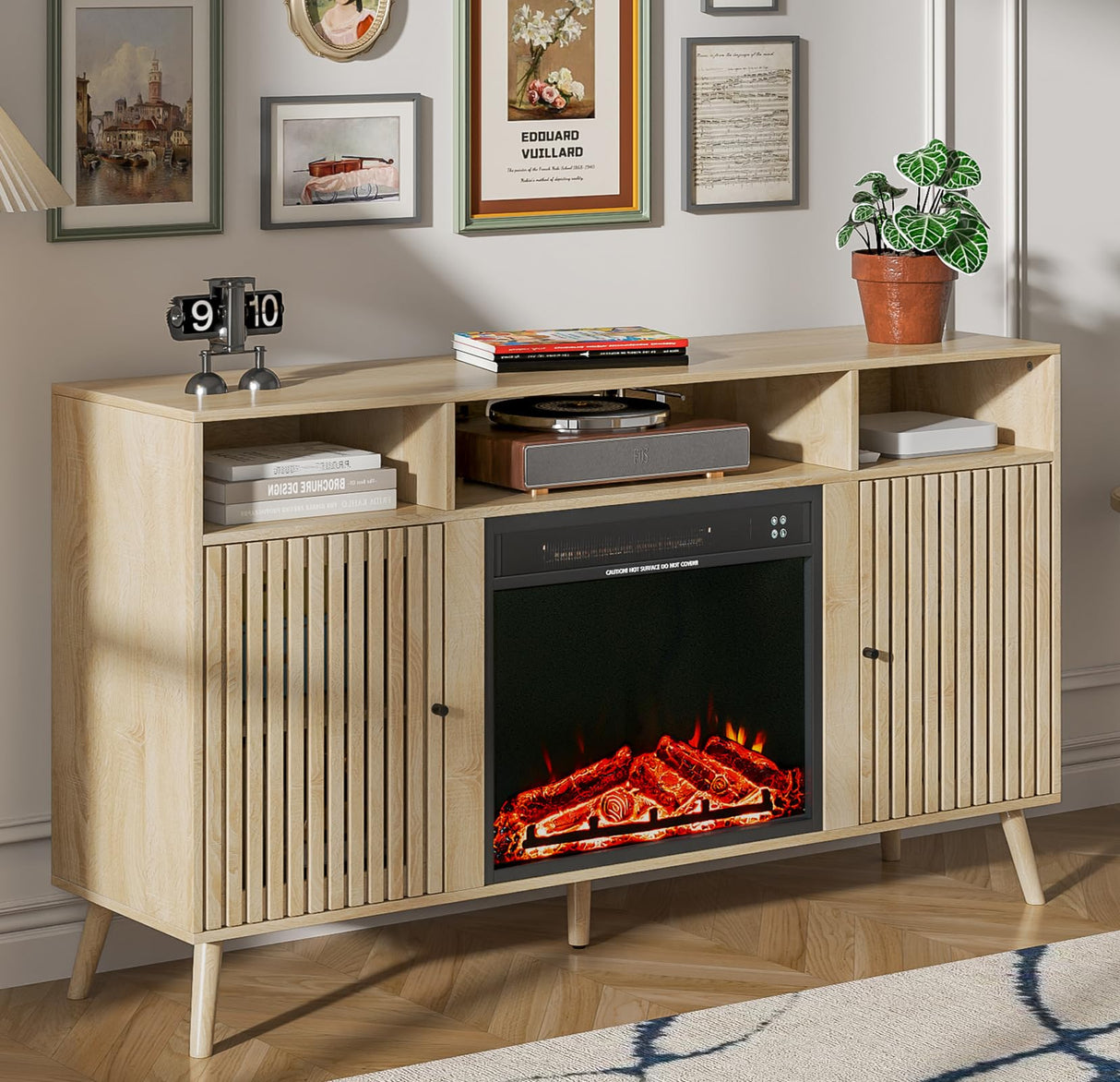 Oubayajia Fireplace TV Stand for Television up to 65 Inch with 23" Electric Fireplace, Fluted TV Stand, Modern Media Console Table with Adjustable Shelves, Entertainment Center for Living Room Oubayajia