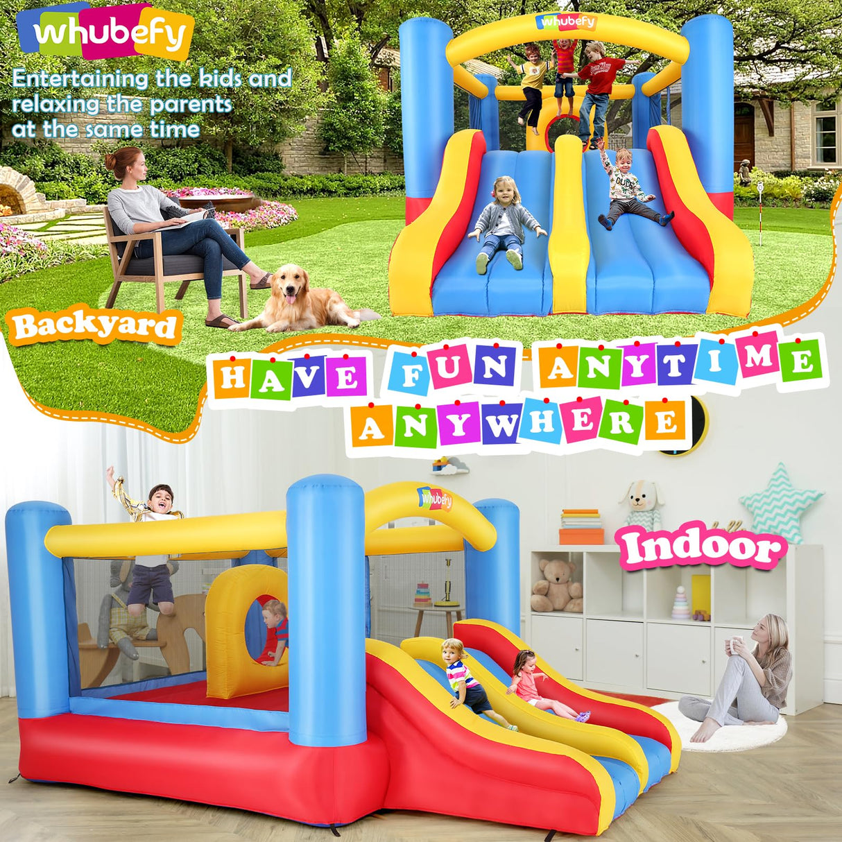 Whubefy Bounce House for Kids 3-10, 12.6FTx9FT Inflatable Bounce House with Blower for Big Kids 8-12 3-6 Double Slide Obstacle, Indoor Outdoor Blow up Bouncy Castle Jump House for Family Backyard Fun Whubefy
