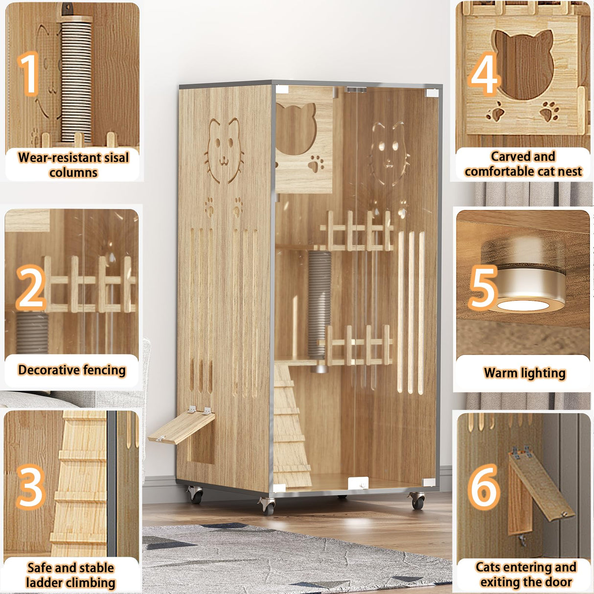 Wooden Cat House Large Space Cat Cage with Scratching Post, Wooden Indoor/Outdoor Cat Enclosure with Wheels, Multi-Feature Luxury Cat Villa for Indoor Cats Ventilation Glass Doors,50" X 24" X 24" HUATOL