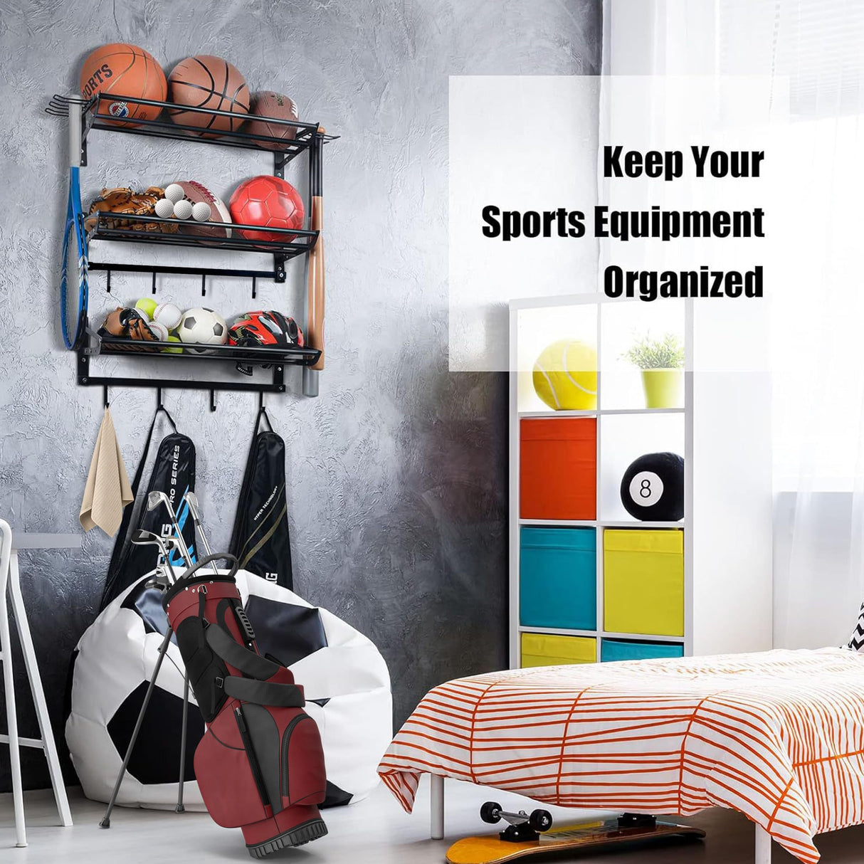 FelRelWel Garage Sports Equipment Storage Rack with Separate Shelf, Ball Rack, Sport Equipment Organizer withHooks for Badminton Racket, Basketball Rack for Basketball Football Rugby FelRelWel