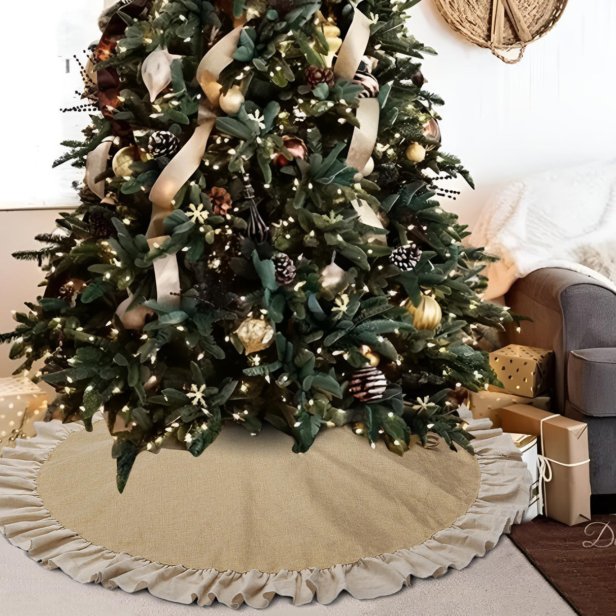 yuboo 48" Burlap Fall Christmas Tree Skirt with Ruffle Border, Beach Farmhouse Tree Skirt Linen Rustic Tree Ornaments for Christmas Holiday Party Decorations yuboo