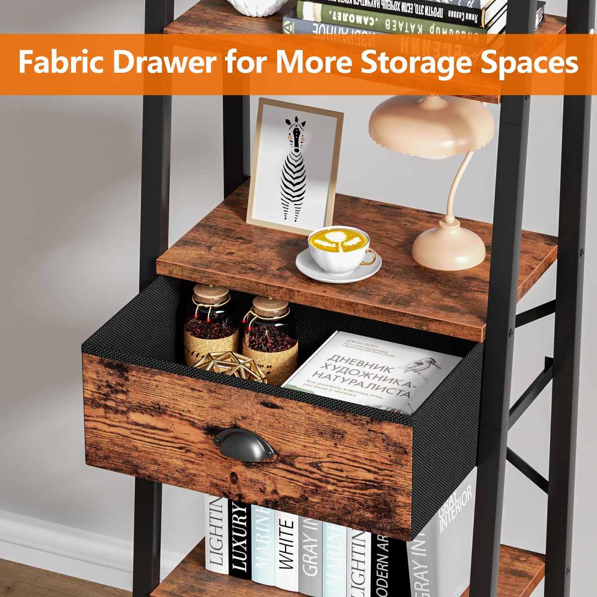 Furologee 5 Tier Ladder Shelf with Drawer, Tall Bookshelf Storage Shelves, Bookcase Standing Shelf Units, Industrial Open Display Shelves Organizer for Bedroom, Living Room, Kitchen, Rustic Brown Furologee