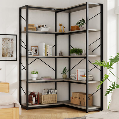 Shintenchi 5 Tier Corner Bookshelf,L Shaped Bookcase,Large Etagere Bookcase,Corner Shelf Display Storage Rack with Metal Frame for Living Room Bedroom Office,Grey
