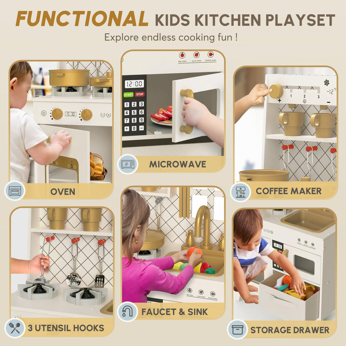 BIERUM Play Kitchen with Realistic Lights & Sounds, Wooden Kitchen Playset Chef Pretend Play Set for Toddlers, Toy Kitchen with 26 Pcs Toy Food & Cookware Accessories, Gift for Ages 3+ BIERUM