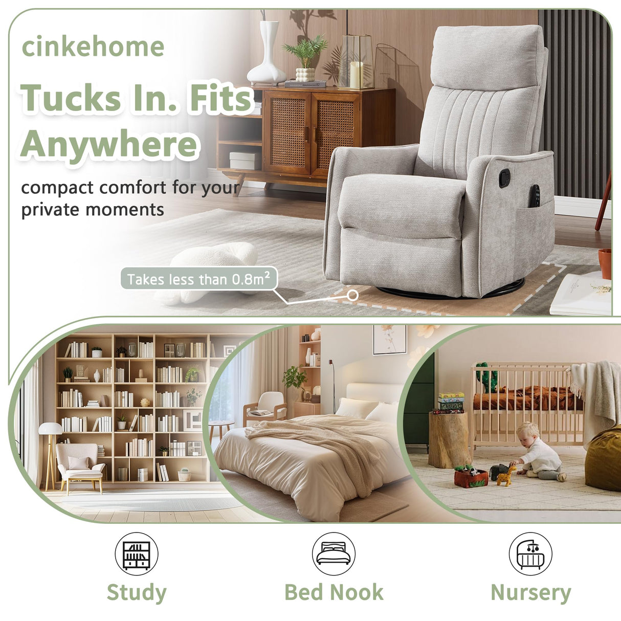 cinkehome Heated Massage Swivel Rocker Recliner Chair Nursery - Small Space Reclining Chair with Lumbar Support, 360° Swivel & Gentle Rocking, Ergonomic High Back Chenille Fabric Beige cinkehome