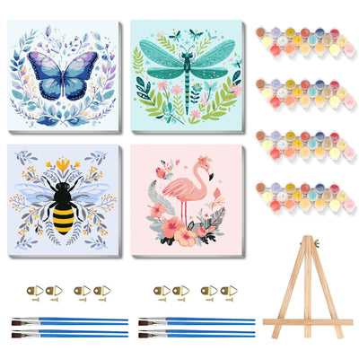 4 Pack Framed Paint by Numbers Kit for Adults Beginner, Small Easy Paint by Numbers with Easel, Dragonfly Acrylic Adult Painting by Number Kits on Canvas Framed for Gift Decor 8x8 Inch