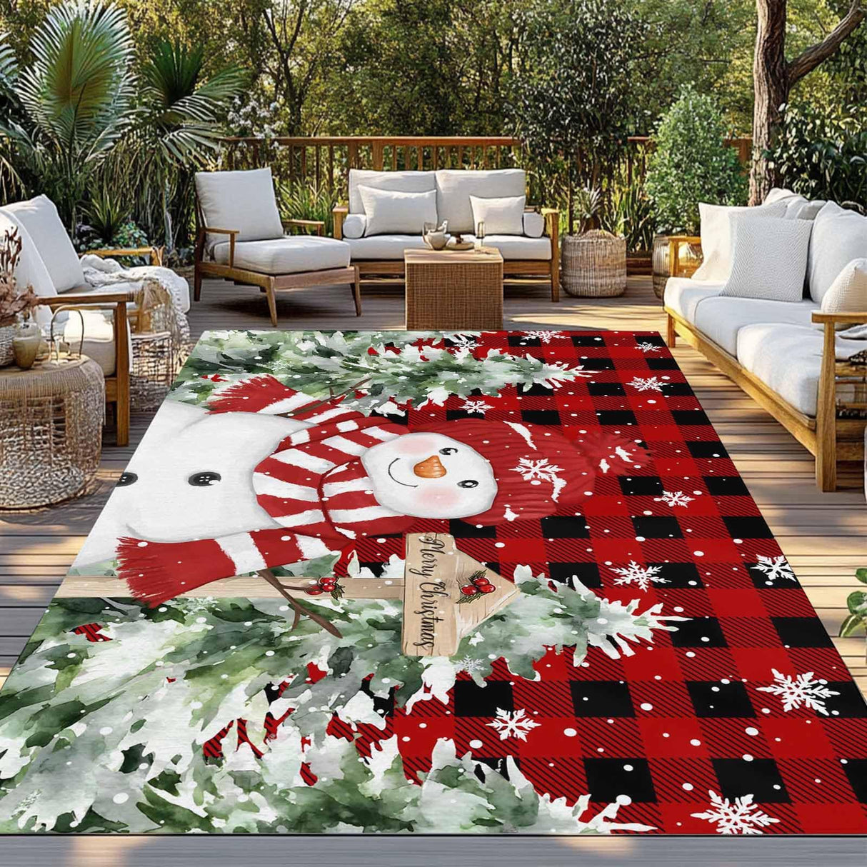 Christmas Red Snowman Outdoor Rug 6x9ft Winter Snowflakes Tree Red Plaid Waterproof Patio Rugs Lightweight Foldable Outside Large Area Rug Carpet for Porch Deck Balcony Backyard Camper Lkicikik