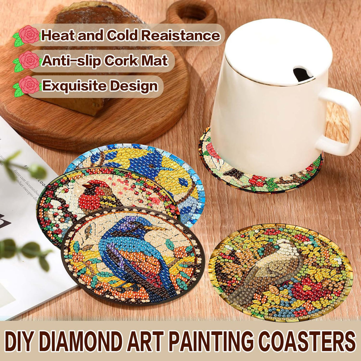 Birds Diamond Art Coasters Kit for Adults, 8 Pcs Diamond Painting Coasters Kit with Holder, DIY Non Slip Art Supplies 4x4in Axquilon