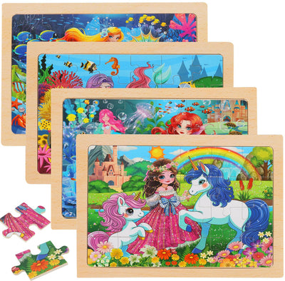 Wooden Puzzles for Kids Ages 4-6, 24 Piece Unicorn Mermaid Princess Jigsaw Puzzles 4 Packs, Preschool Toddlers Learning Activity Puzzles Toys for Girls 3 4 5 6 Years Old