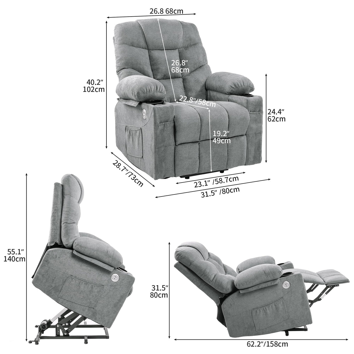 YITAHOME Power Lift Recliner Chair for Elderly with Vibration Massage and Lumbar Heating, Electric Lift Recliner Single Sofa with Side Pocket, Two Cup Holders and USB Charge Port for Living Room,Gray YITAHOME