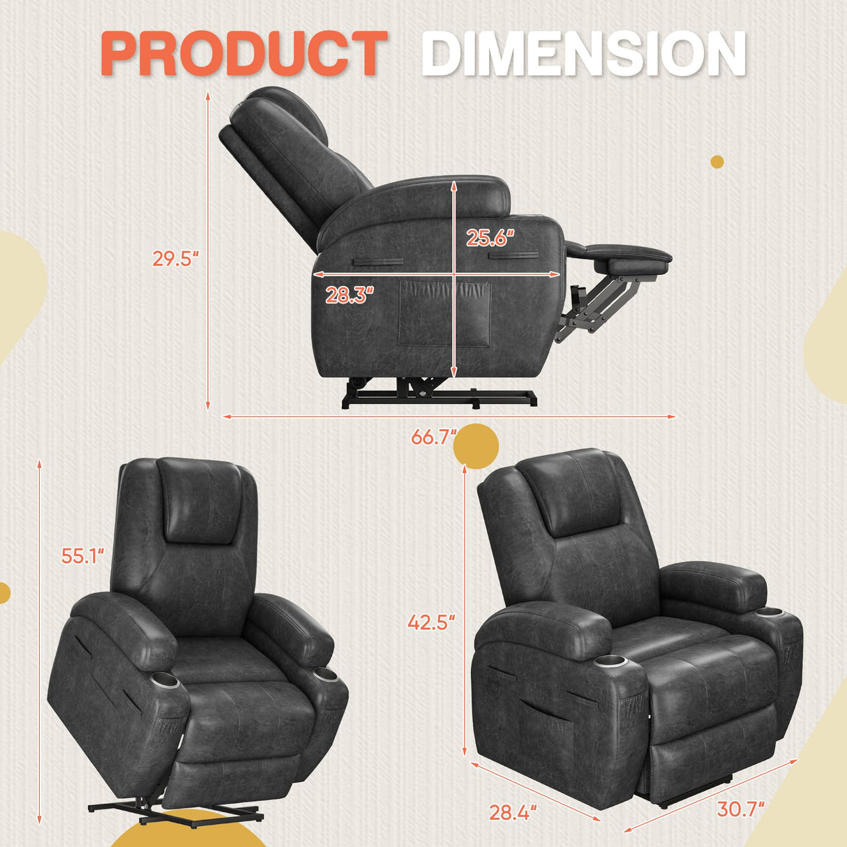 Electric Power Lift Recliner Chair with Massage for Elderly Corduroy Fabric Recliner Single Sofa with Cup Holders, Side Pockets and Remote Control for Living Room Bedroom (Leathaire, Dark Gray) Furmax