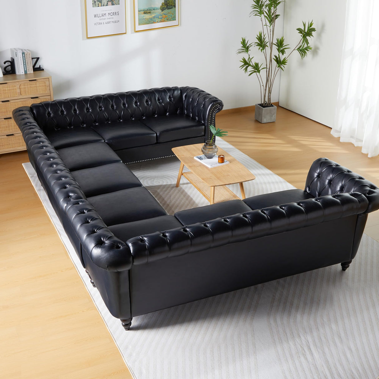 U Shaped Large Sectional Sofa, Chesterfield Leather Faux Couch Tufted Accent Sofa with Scroll Arms and Nailhead for Living Room, Office ORRD