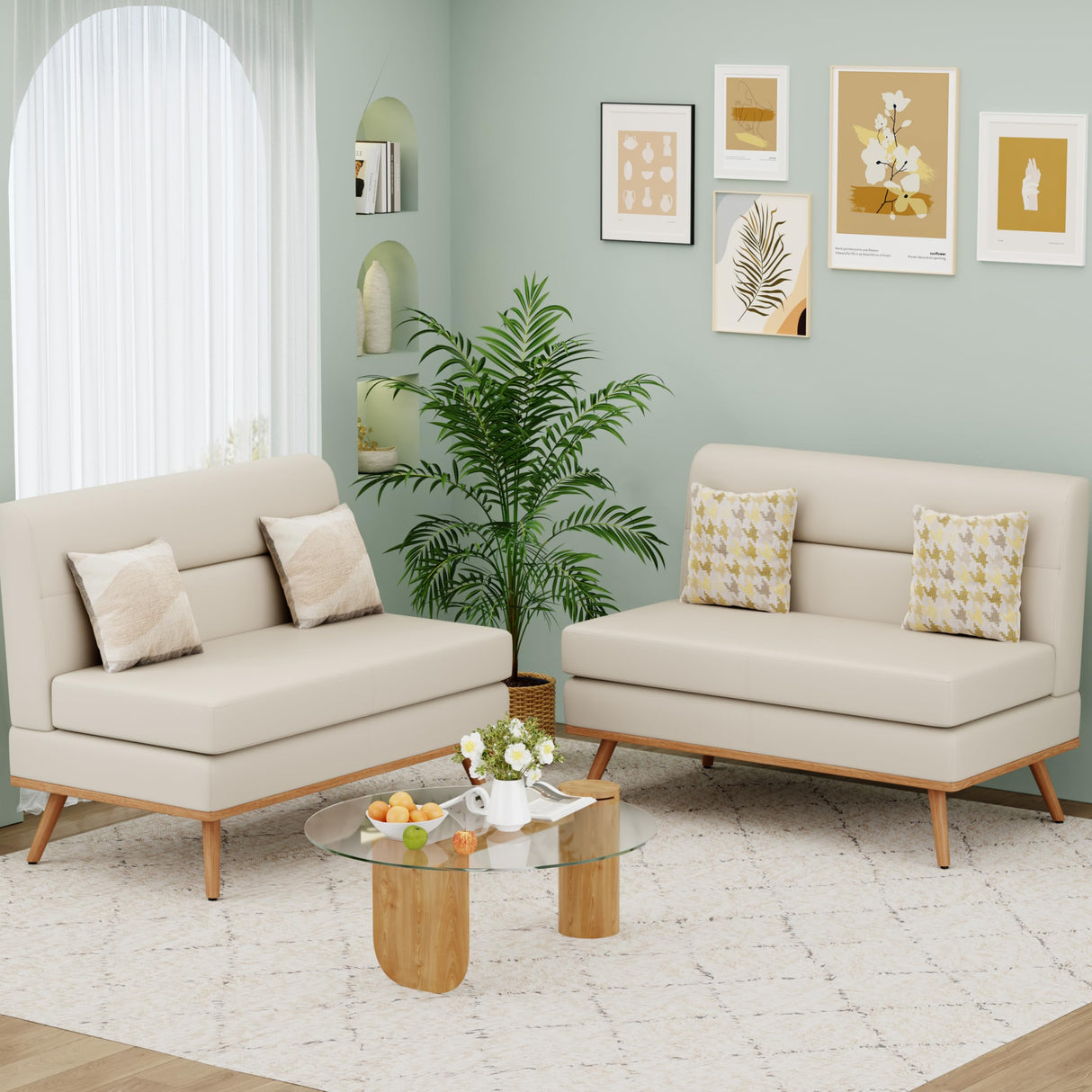 Aklaus Upholstered Small Loveseat,Faux Leather Modern Mini Sofa Couch Love Seat Armless Settee Bench with Back for Living Room Bedroom Office Small Space Entryway Beige Aklaus