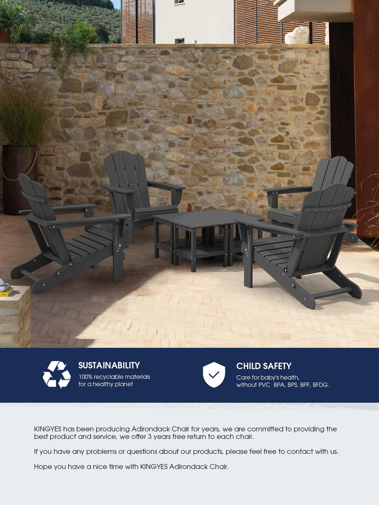 KINGYES Folding Adirondack Chair For Relaxing, HDPE All-Weather Folding Adirondack Chair, Stackable, Arm Rest, Ergonomic, Grey KINGYES