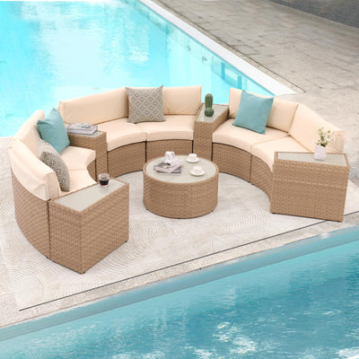 SUNSITT Outdoor Patio Furniture 11-Piece Half-Moon Sectional Round Patio Furniture Set Curved Outdoor Sofa with Tempered Glass Round Coffee Table, 4 Pillows, Natural Color Rattan