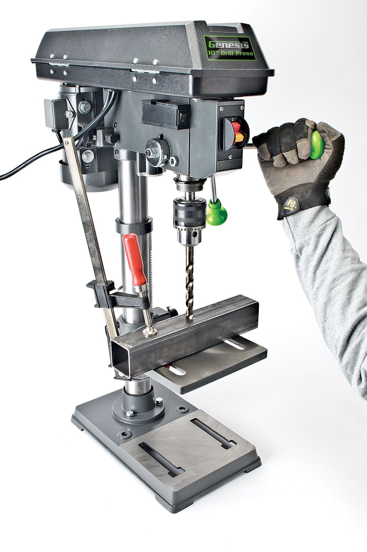 Genesis GDP1005A 10" 5-Speed 4.1 Amp Drill Press with 5/8" Chuck, Integrated LED Work Light, and Table that Rotates 360° and Tilts 0-45° Genesis