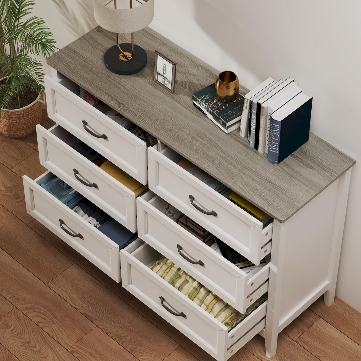 Gizoon 6 Drawer Dresser, 47.2" W Chest of Drawers, Modern Dresser for Bedroom, Wood TV Stand for Living Room, with Smooth Rail, Metal Handles, Anti-tip, for Hallway, Entryway, Grey Gizoon