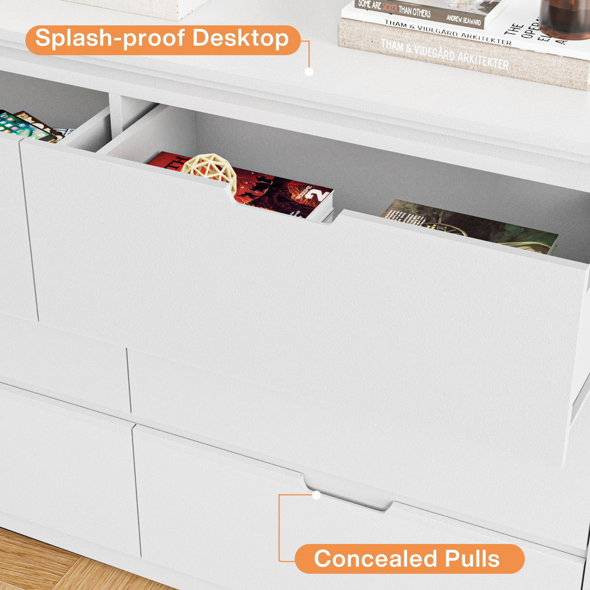 6 Drawers White Dresser for Bedroom, Wood Large Double Dresser with Hidden Handles, Modern Chests of Deep Drawer Storage Organizer for Hallway, Entryway Tradare