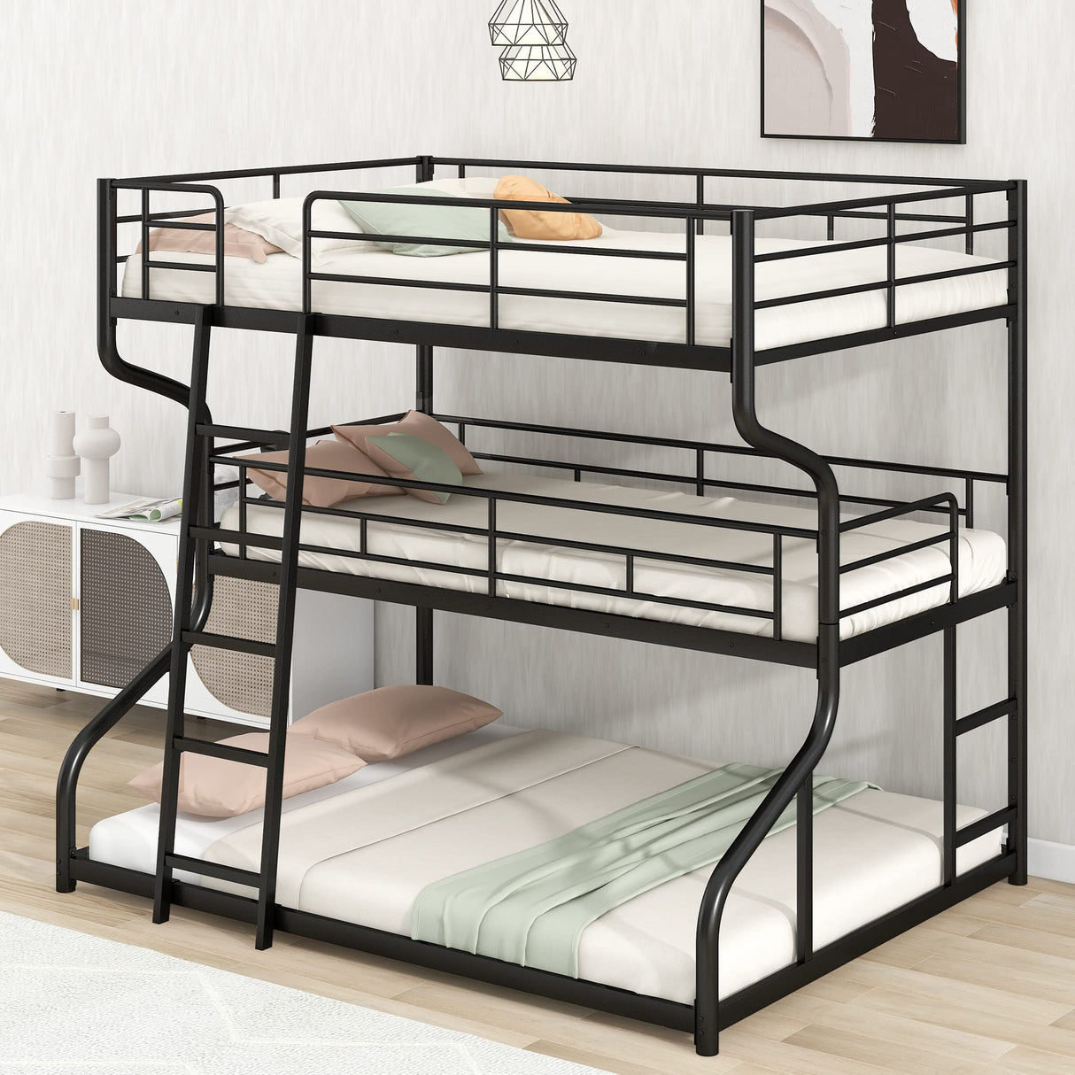Brisca Full XL Over Twin XL Over Queen Size Triple Bunk Bed with Long and Short Ladder,Metal Bed Frame W/Safety Guardrail,for Apartment,Bedroom,Guest Room,Black Brisca