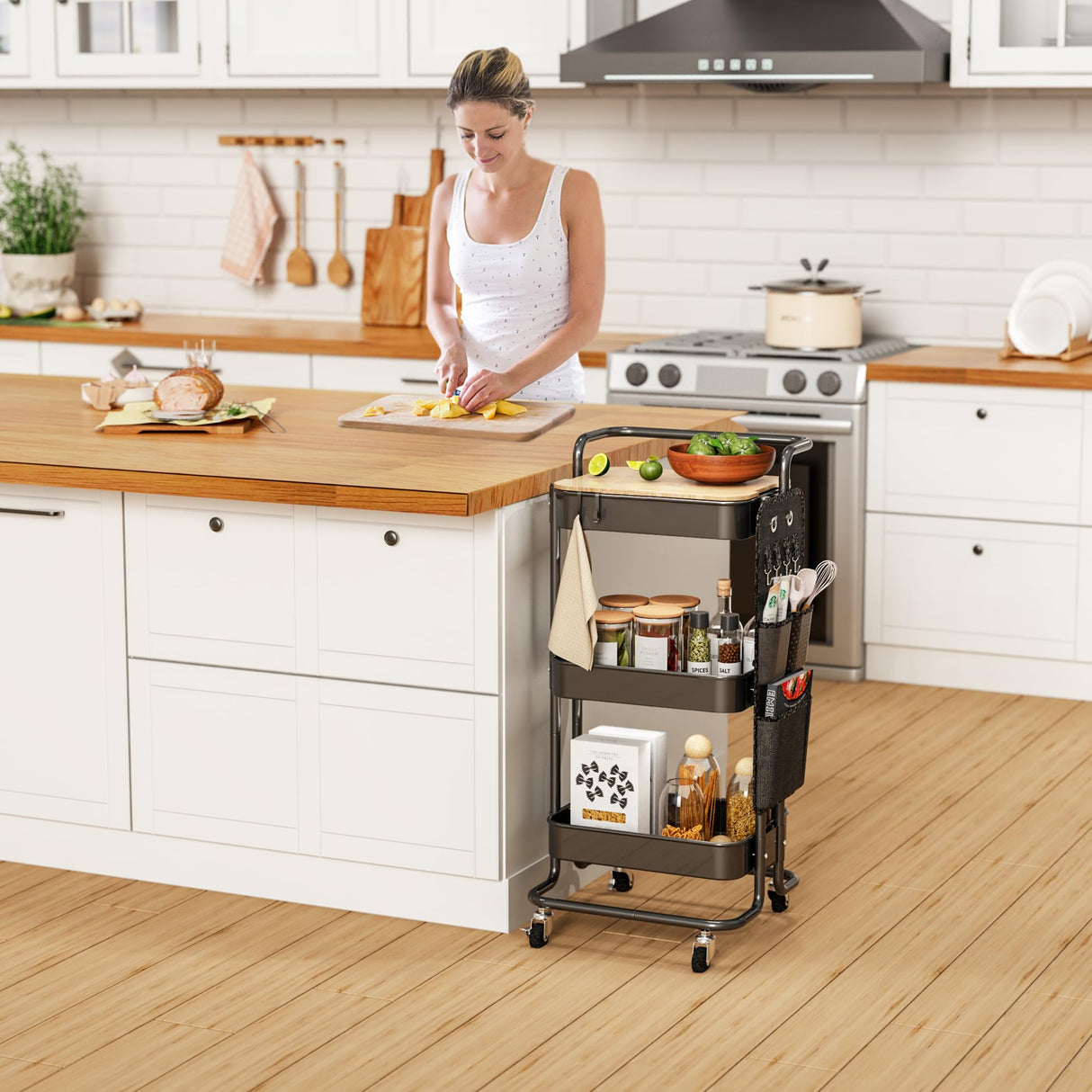 DTK 3 Tier Metal Utility Rolling Cart with Table Top and Side Bags, Tray Storage Organizer Wheels, Art Craft 4 Hooks for Kitchen Bathroom Office Living Room (Black) DTK