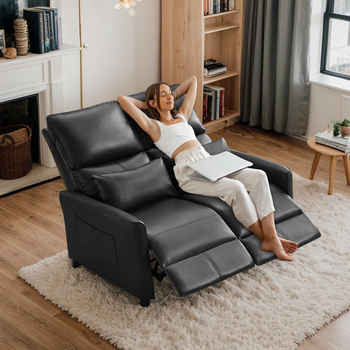 DRMBOOK 52'' RV Loveseat Recliner Sofa, Faux Leather Double Camper Couch 2 Seater Recliner, Home Movie Theater Seating Chair, 2 Person Push Back Recliners for Living Room, Black DRMBOOK