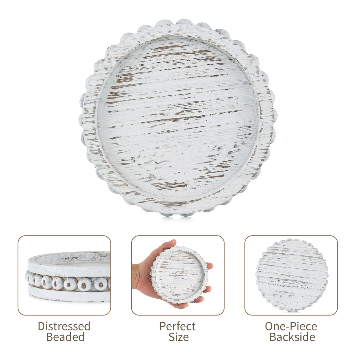 Hanobe Wood Plate Candle Holder: Small Candle Plate Set of 3 Decorative White Washed Beaded Candle Tray Round Candle Stick Holders Farmhouse Table Centerpiece for Fireplace Dining Room Home Decor Hanobe