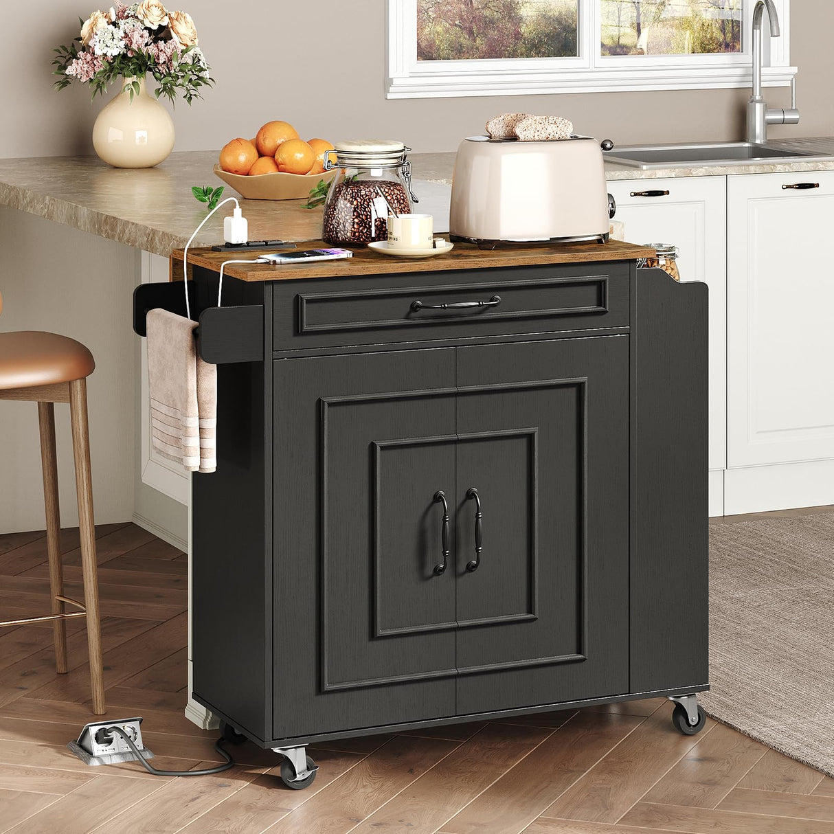 RALGEND Kitchen Island with Power Outlets & Drop Leaf, Rolling Kitchen Cart on Wheels, Kitchen Storage Island with Spice Rack and Drawer for Kitchen, Dinning Room, Black and Rustic Brown RALGEND