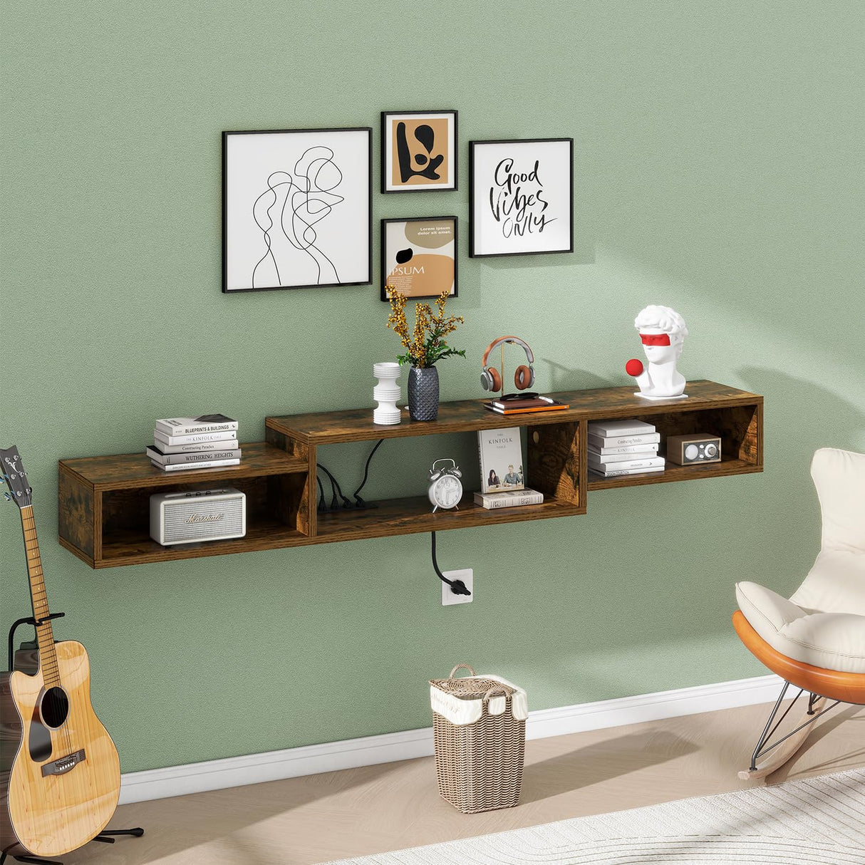 IBUYKE 71" Floating TV Stand Wall Mounted with Power Outlet,Wood Wall Mounted Media Console Shelf,Floating Entertainment Center for Under TV Storage for Living Room Bedroom Office,Rustic Brown WST008H IBUYKE