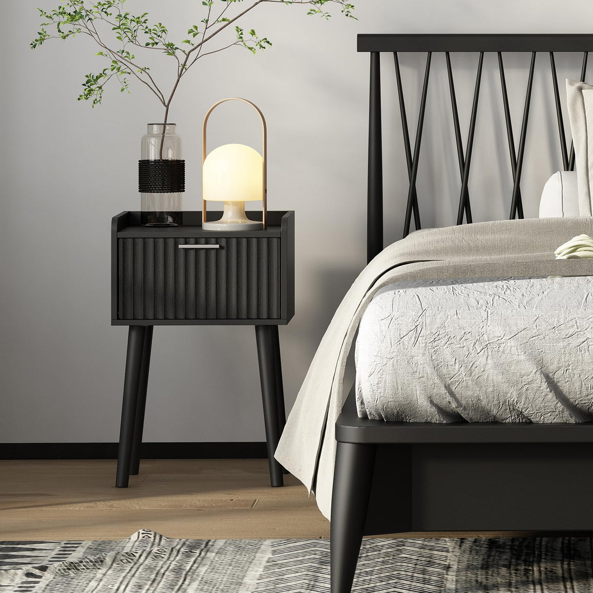 LAATOOREE Nightstand Set of 2, Small Bed Side Table with Fluted Door, End Table with Solid Wood Legs, Mid-Century Bedside Table for Bedroom Small Space LAATOOREE