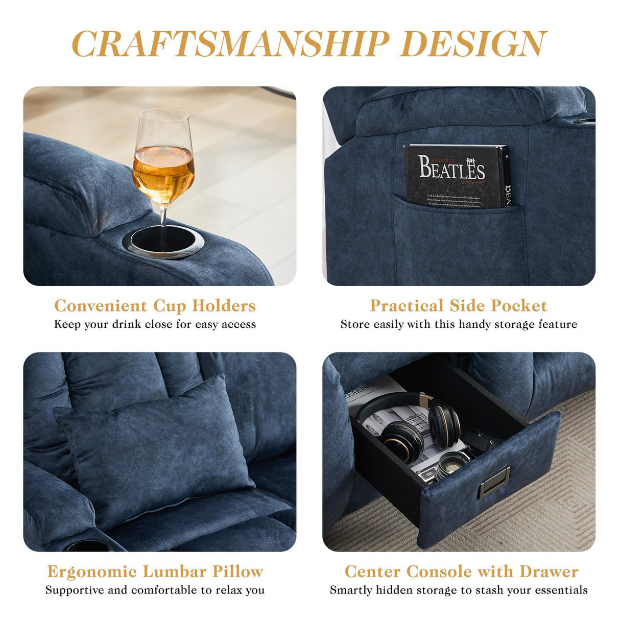 TCGBKAF Loveseat Recliner Sofa with Flip-up Console,Reclining Loveseat Sofa Wall Hugger Recliners for Small Spaces,Dual Manual Recliner Couches with Cup Holders for Living Room (Velvet Blue) TCGBKAF