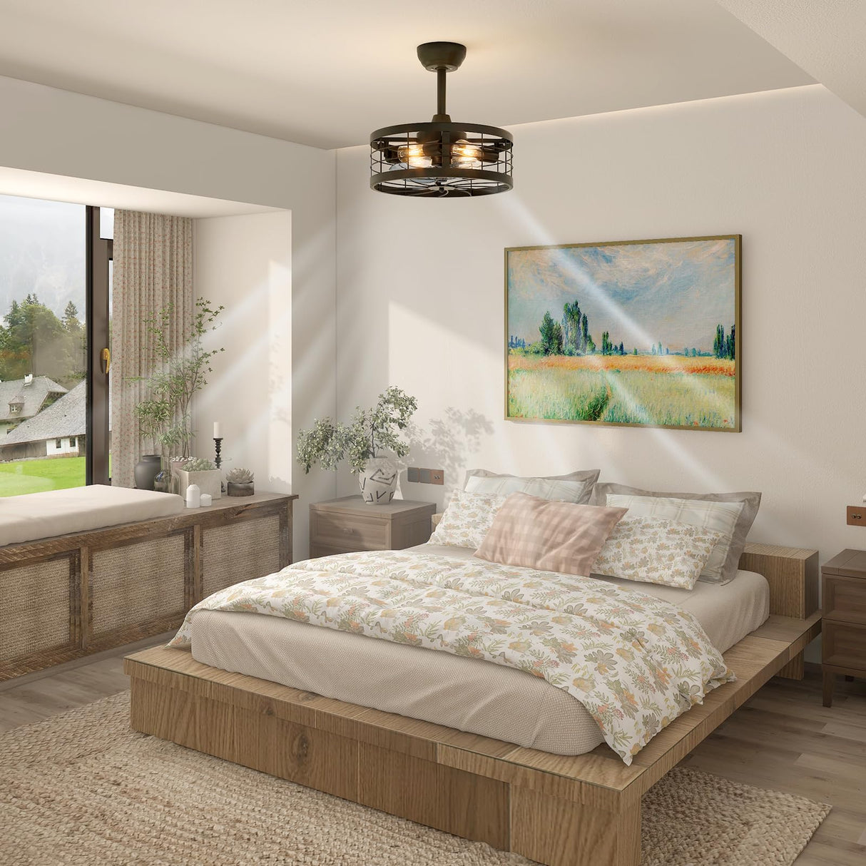 VOLISUN Caged Fandelier with Light and Remote, 16.5in Black Bladeless Ceiling Fan Lights Fixtures for Kitchen, Bedroom (4 * 2700K Bulbs Included) VOLISUN