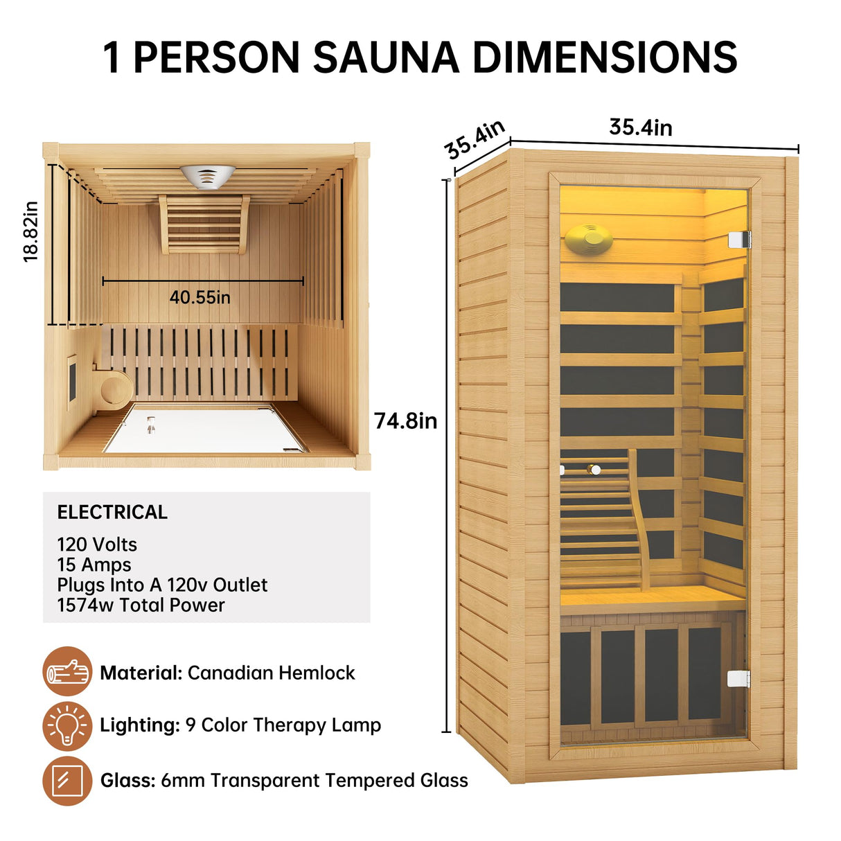 springspa Far Infrared Sauna 1 Person Indoor Sauna Spa Room, Canadian Hemlock Wooden Infrared Saunas for Home with Low Emf Lighting, Bluetooth Speakers, LCD Control Panel, 9 Chromotherapy springspa